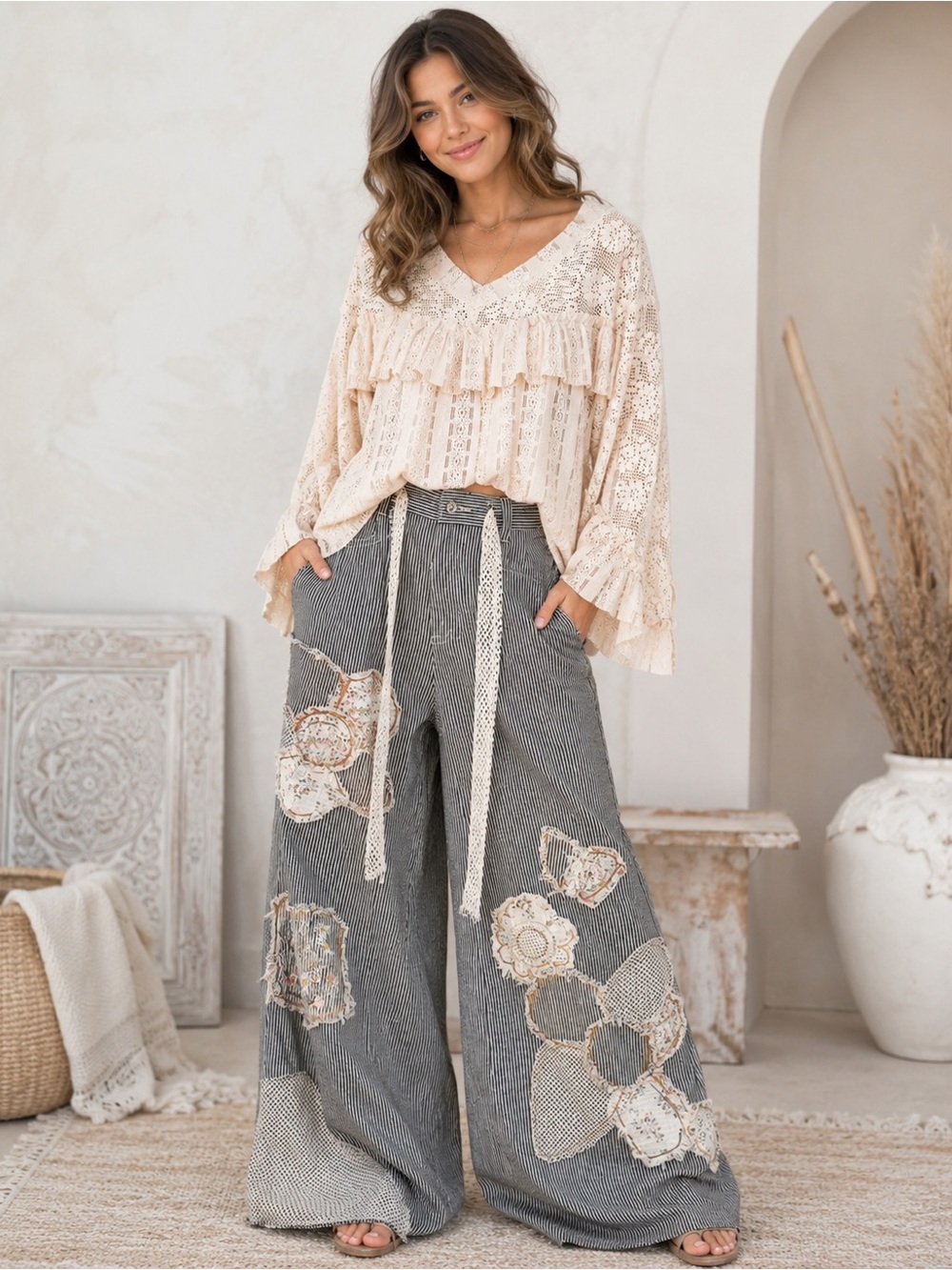 944. POL Women’s Striped Wide-Leg Patchwork Pants with Floral Embroidery